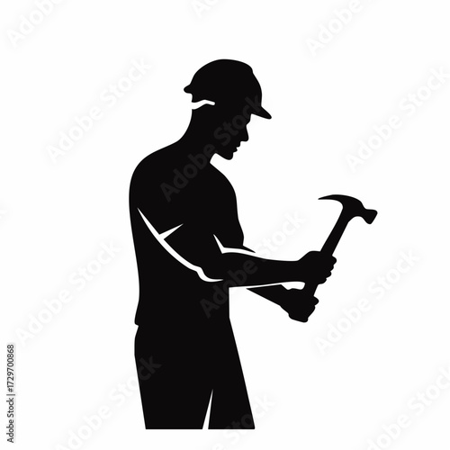 Silhouette of a worker wearing a hard hat, holding a hammer. This graphic symbolizes construction, manual labor, and craftsmanship, perfect for industrial, building, and repair themes