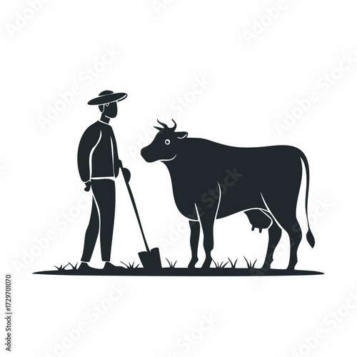 Farmer and Cow Silhouette A Rural Scene of Agriculture