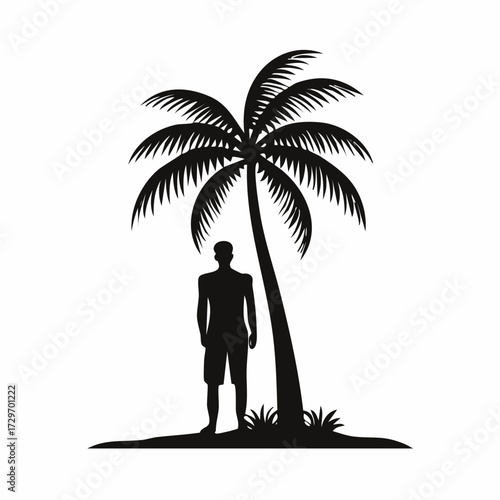 Silhouette of a Man Standing Under a Palm Tree on a Tropical Beach