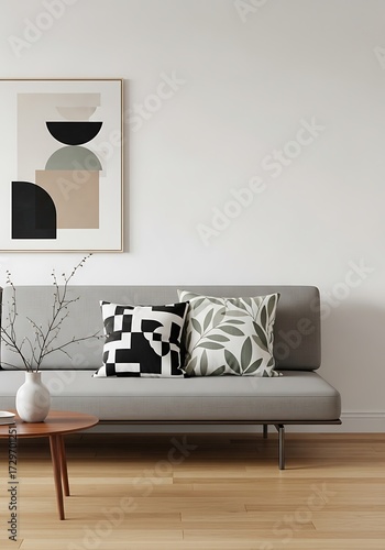 Stylish minimal interior with abstract art and modern decor elements