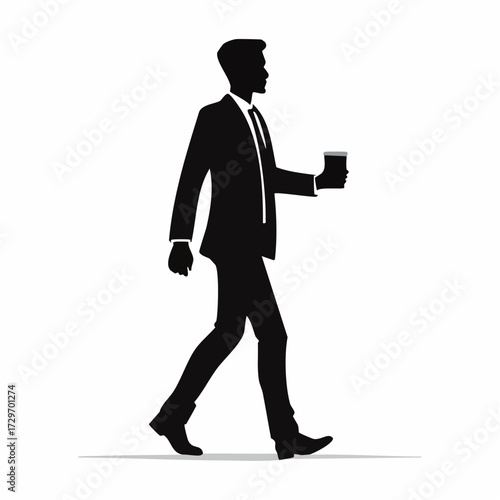 Silhouette of a businessman in a suit walking with a coffee cup, representing professional life and daily routines