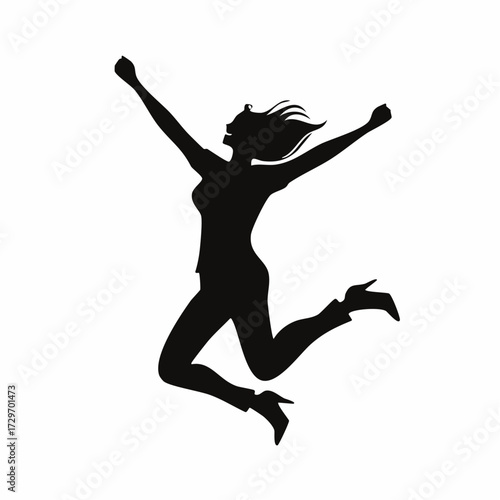 Dynamic silhouette of a triumphant woman leaping with joyful abandon, embodying success, freedom, and boundless energy in a celebratory moment