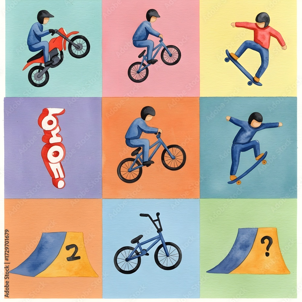 Fototapeta premium Colorful pop art collage featuring BMX riders performing tricks in vibrant square panels with playful urban energy.
