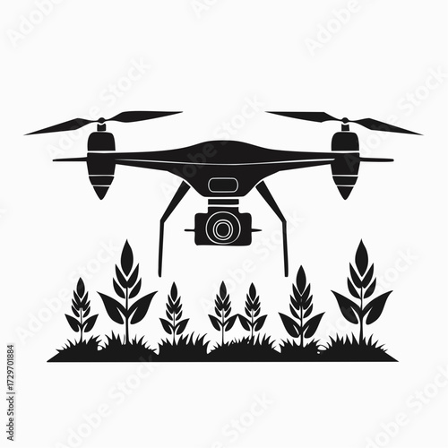 Smart farming concept illustrated by a silhouette of a drone with a camera flying over a field of crops for agricultural monitoring