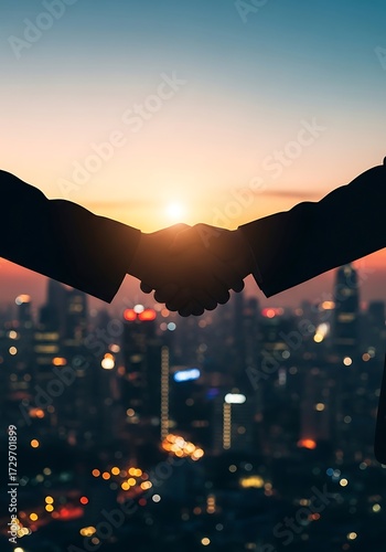 Silhouette handshake against cityscape sunset symbolizing collaboration and partnership success in urban environment