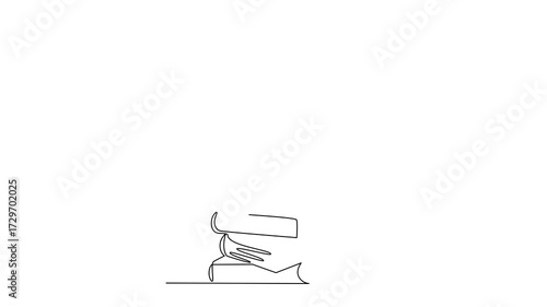 Wise owl sitting on stack of books wearing confederate cap, animated self drawing of single continuous line, continuous contour movement, video drawing of line in 4k, science, learning, one line