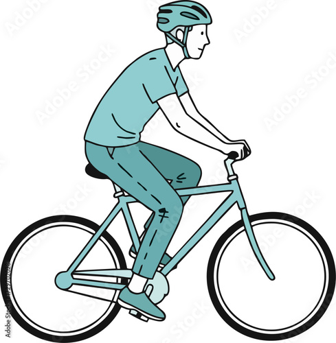 A simple illustration of a  man  riding a bicycle, on a white background.