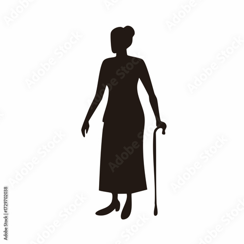 Minimalist silhouette of an elderly woman with a walking stick, symbolizing the passage of time, wisdom, and the importance of support and well-being for seniors