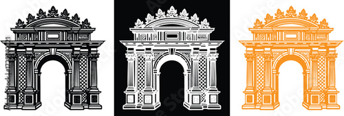 Elegant triumphal arch showcased in dynamic monochrome and vibrant orange, perfect for historical themes or architectural design projects