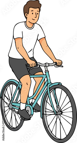 A simple illustration of a  man  riding a bicycle, on a white background.