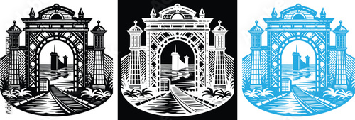 Stunning black, white, and blue train station design with archway leading to city skyline, perfect for vintage posters or travel brochures