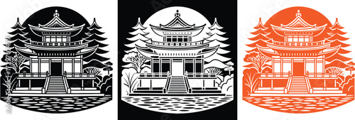 Elegant Asian pagoda design with trees and water in black, white, and orange, perfect for travel blogs or cultural projects, stunning vector art