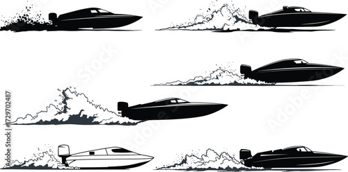 Luxury speedboat silhouettes, fast powerboats, marine sport illustration, water splashes in motion, modern boat design, nautical vector art, Adobe Stock.