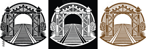 Elegant railroad tracks leading into a vintage gate, perfect for travel or transportation themes, available in black, white, and brown color schemes
