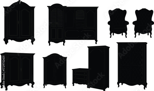 Antique furniture silhouette collection, vintage wooden cabinets, classic armchairs, elegant drawers, retro home decor, traditional interior, stylish design illustration