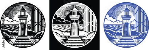Striking lighthouse graphic with ocean view, perfect for nautical themes or coastal designs, available in black and white or vibrant blue!