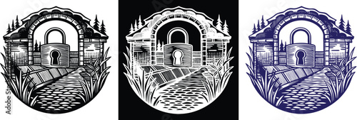 Three unique versions of a secure and peaceful gatehouse illustration, evoking feelings of safety and protection for your brand or message today