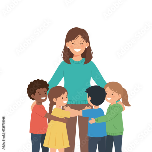 Teacher surrounded by children hugging her, smiling and happy.