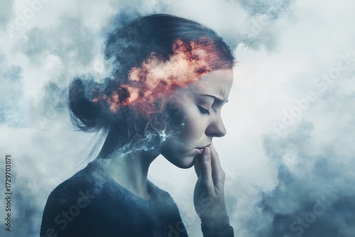 Woman with internal turmoil and emotional distress surrounded by stormy clouds and fire imagery