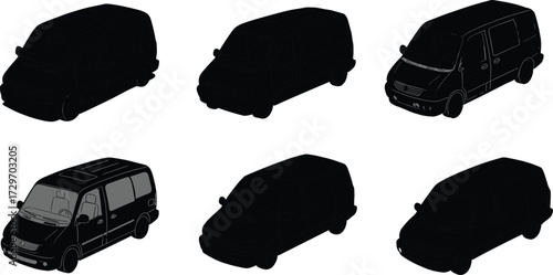 Black van silhouette vector illustration, modern minivan design, passenger vehicle, cargo van, family transport, urban automobile, isolated graphic set, 