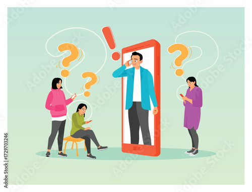 Customer support app concept. Professionals help client with smart phone.