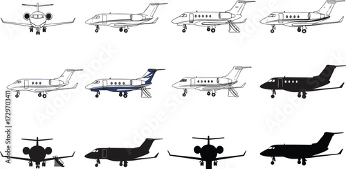Private jet illustration, corporate airplane, luxury aviation, executive aircraft, business travel, jet silhouette, vector design, air transport, isolated airplane graphic.