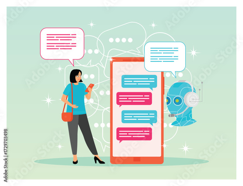 Chat bot virtual assistant abstract concept. Woman with online smart robot.