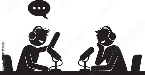 Podcast vector illustration showing two people with headphones talking into microphones at a table