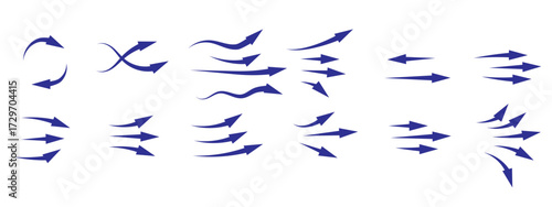 A collection of glowing blue arrow icons illustrating air flow, wind or water currents. Set of various movement arrow like straight, wavy and curved, designed on a transparent background