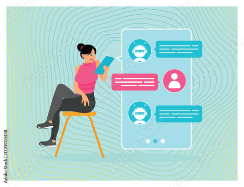 Chat bot concept. A woman chats with a chat bot on her smart phone.