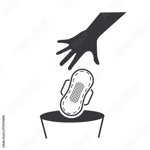 Isolated pictogram of hand disposing sanitary pad into women’s trash bin, hygiene instruction icon for restroom, menstrual waste management.
