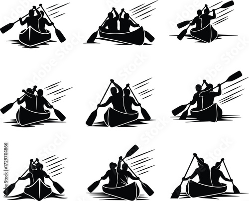Canoe paddling silhouettes, kayaking vector, adventure sport, outdoor water activity, river rafting design, canoe race artwork, rowing illustration, boating graphic