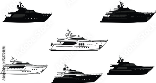 Silhouette of yachts, luxury boat illustration, nautical vessel vector, marine design icons, black and white ship shapes, sea travel graphic