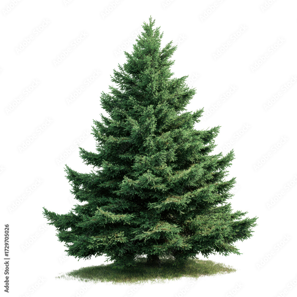 Obraz premium Lush green coniferous tree with dense branches and a grassy base evergreen pine
