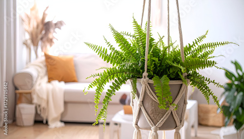 Vibrant Green Boston Fern Hanging in Macrame Planter Against Soft Lit Living Room with Beige Sofa and Natural Accents Indoor