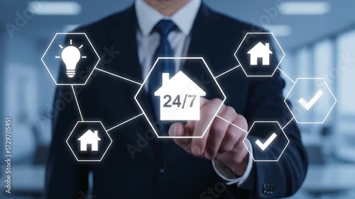 Businessman interacting with a digital interface displaying smart home icons and 24 7 service symbol on a futuristic screen