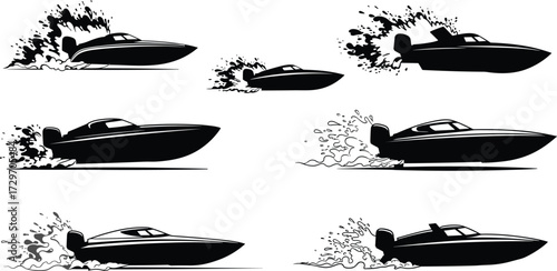 Speedboat splash silhouette, fast motorboat vector, powerboat racing design, marine vessel artwork, water sport illustration, nautical transport graphic, ocean adventure boat