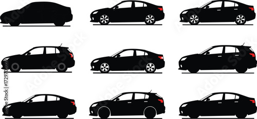 Car silhouette vector set, black automobile illustration, modern vehicle design, sedan and hatchback graphic, transportation concept, automotive shape, side view design