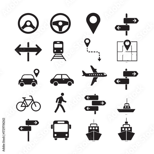 A collection of black and white vector icons representing various modes of transportation and navigation symbols.