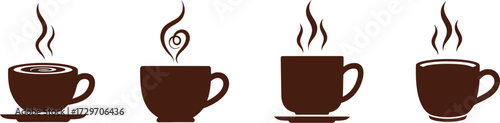 Vector art of a collection of four steaming coffee cups on saucers, each with unique steam patterns, isolated on a