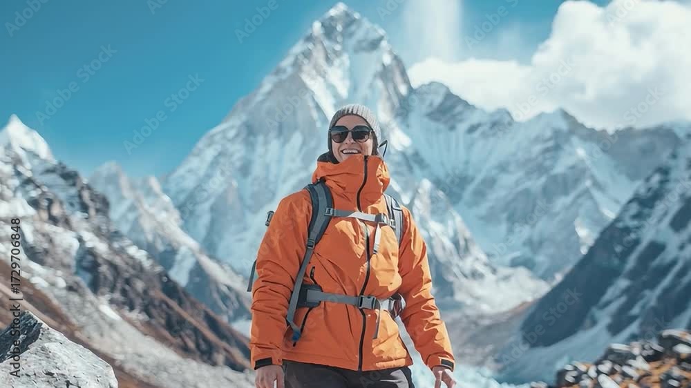 custom made wallpaper toronto digitalAdventurous Explorer in Mountain Landscape: A solo traveler stands triumphantly amidst majestic mountain peaks, adorned in winter wear under a clear blue sky.