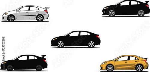Car silhouette vector, sedan and hatchback illustration, modern vehicle design, fast sports car artwork, transportation graphic, automotive concept drawing, travel icon