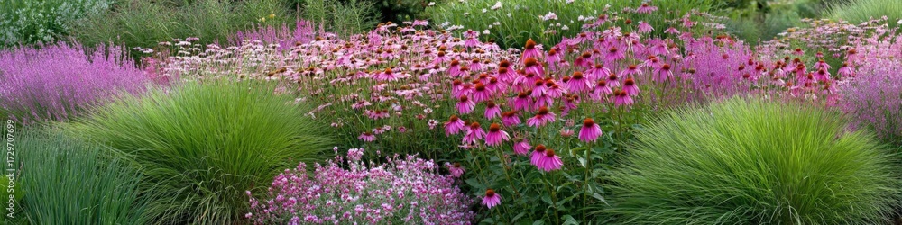 Naklejka premium Vibrant garden featuring pink coneflowers, delicate daisies and ornamental grasses creating a colorful, lush landscape