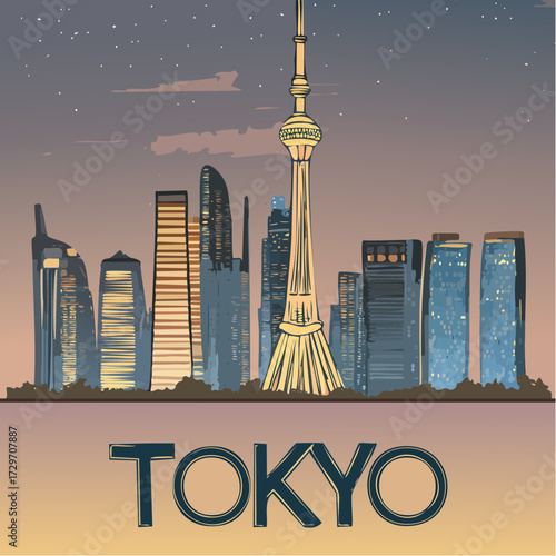 tokyo futuristic cityscape neon lights bold geometric skyline techno sans-serif editable tokyo text souvenir design poster sticker-ready high-contrast scalable vector for urban souvenir merchandising