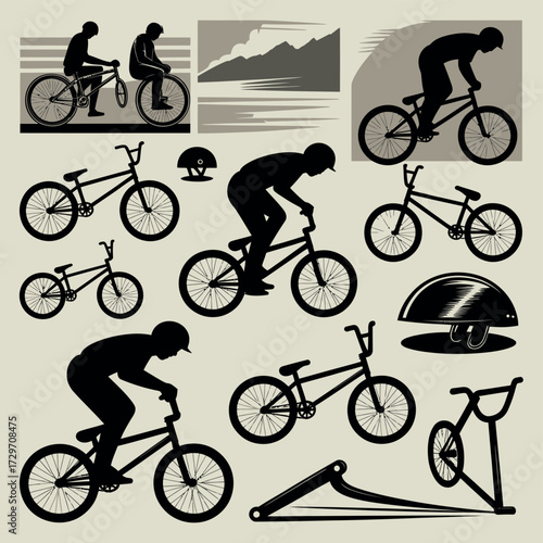 Collection of bmx bike silhouettes and riders performing tricks