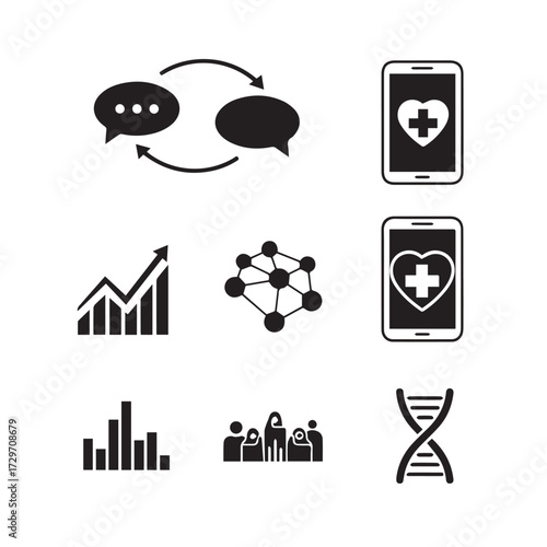 Collection of medical and communication icons including phones with heart symbols, graph, DNA, speech bubbles, and people.