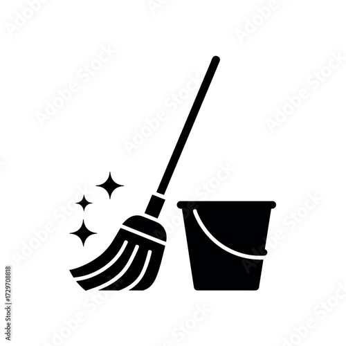 Black silhouette of a mop and bucket with sparkling clean effect