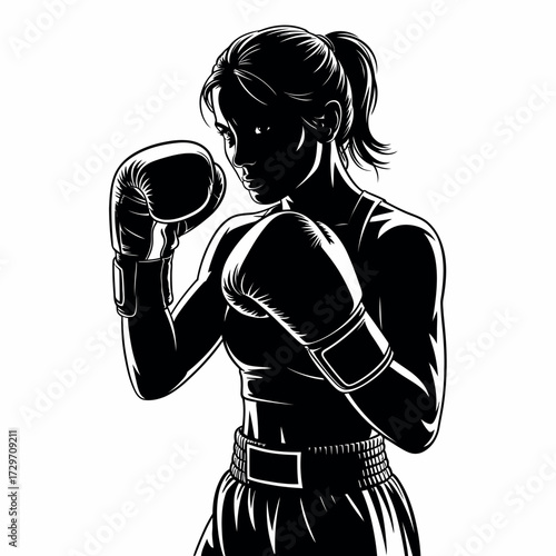 Silhouette of a female boxer in fighting stance with boxing gloves