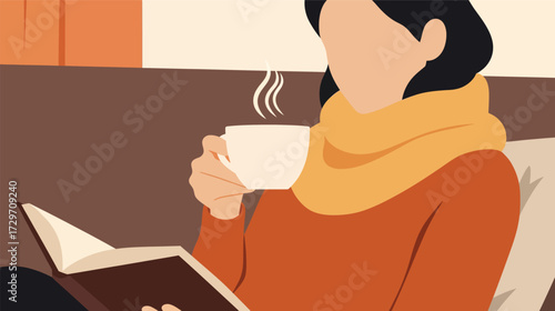 Woman enjoying a warm beverage while reading a book indoors