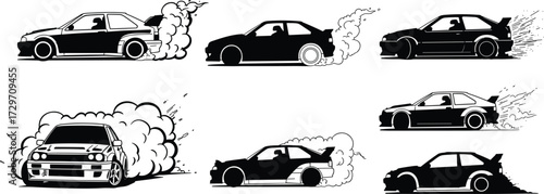 Drift car silhouette, racing vehicle vector, smoke drifting design, automotive sport illustration, tuner car graphic, fast motion concept, modern racing design, competition